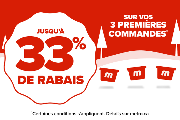 Jusqu'à 33% de rabais sur vos 3 premières commandes.