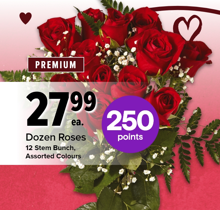 Dozen Roses. 12 Stem Bunch, Assorted Colours. Premium. 250 Points.