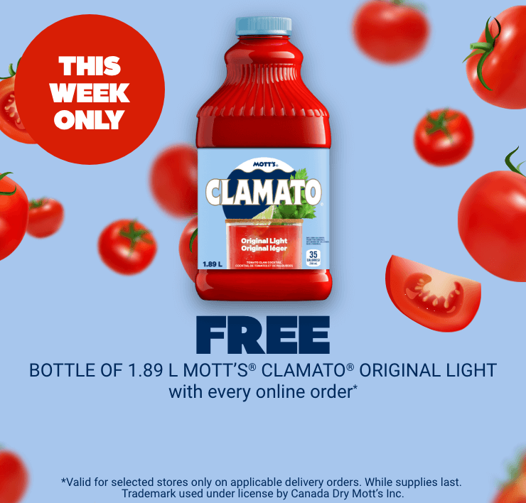 FREE. Bottle of Motts Clamato Light with every online order.