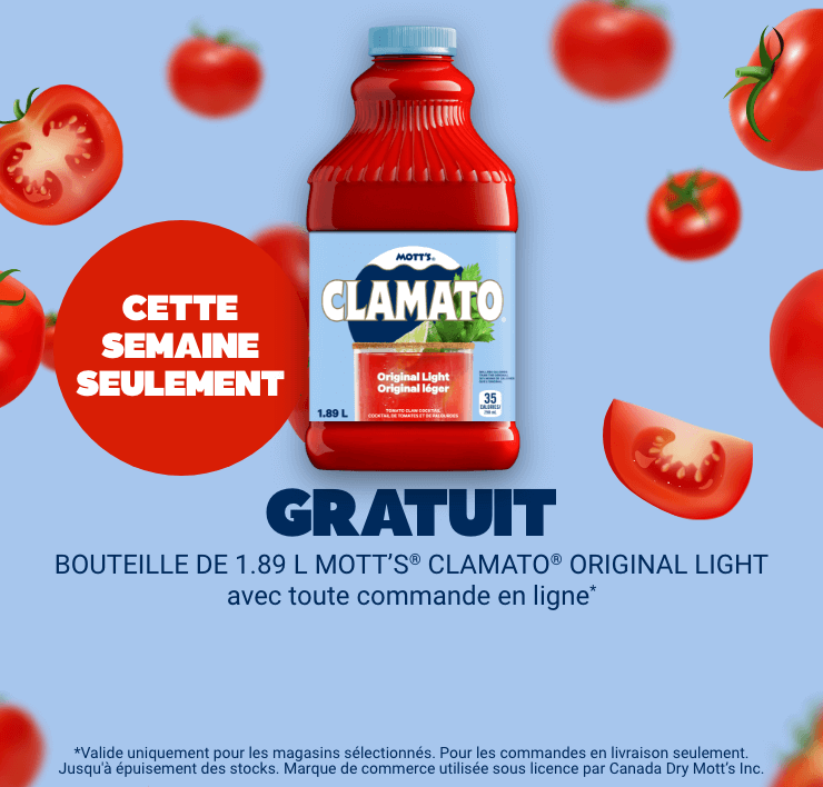 GRATUIT. Bouteille de Motts Clamato léger avec toute commande en ligne.