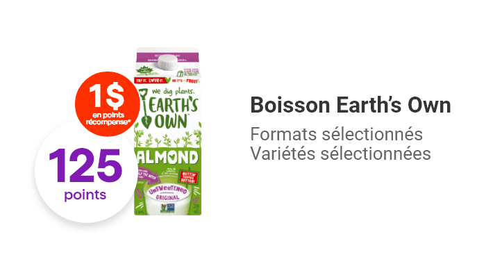 Boisson Earth’s Own, formats sélectionnés, variétés sélectionnées.