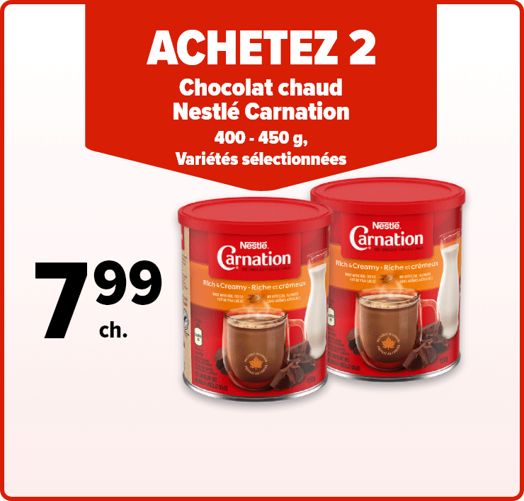 Achetez 2 Chocolat chaud Nestlé Carnation 400 - 450 g, variétés sélectionnées et recevez 1 guimauve Selection 450 g, variétés sélectionnées gratuitement.
