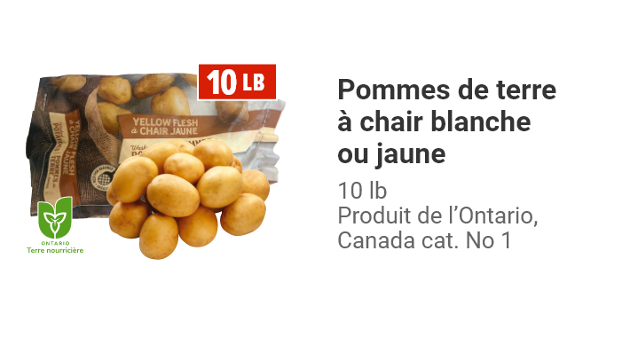 Pommes de terre à chair blanche ou jaune 10 lb., produit de l’Ontario, Canada cat. No 1.