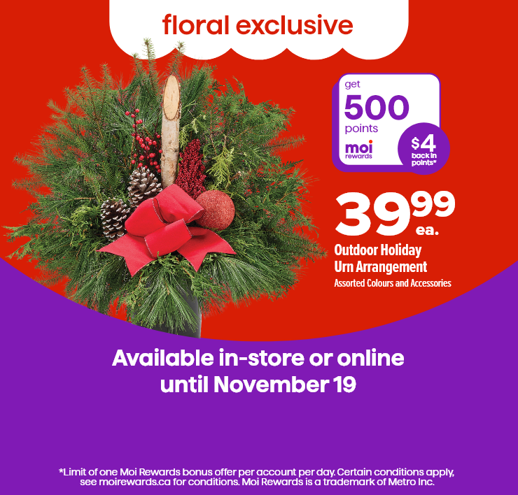 Floral Exclusive. Get 500 Points. $4 Back in Points. Outdoor Holiday Urn Arrangement. Assorted Colours and Accessories. Available In-Store or Online Until November 19.