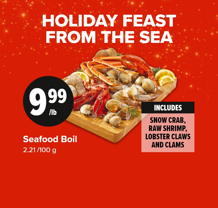 Holiday Feast from the Sea. Seafood Boil. Includes: Snow Crab, Raw Shrimp, Lobster Claws and Clams.