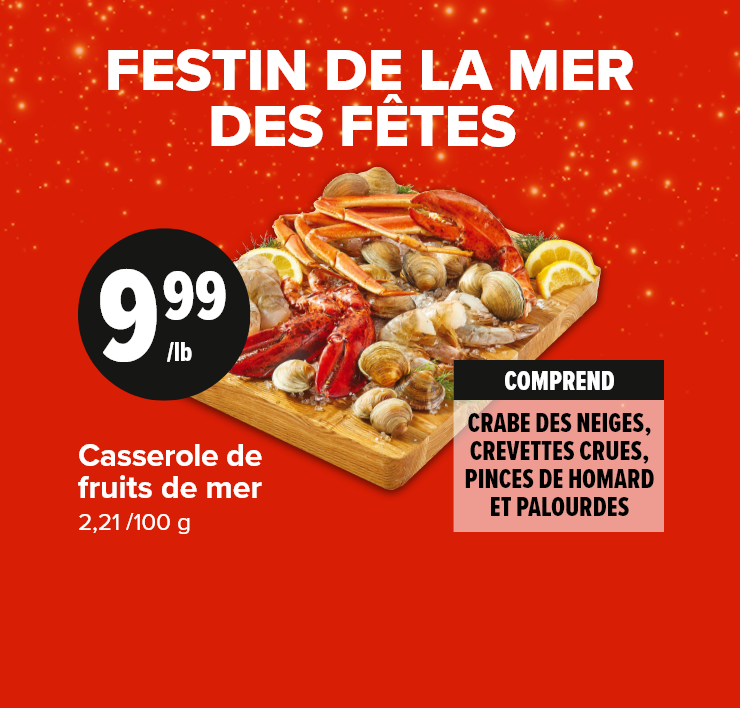 Festin de la mer des fêtes. Casserole de fruits de mer. Comprend : crabe des neiges, crevettes crues, pinces de homard et palourdes.