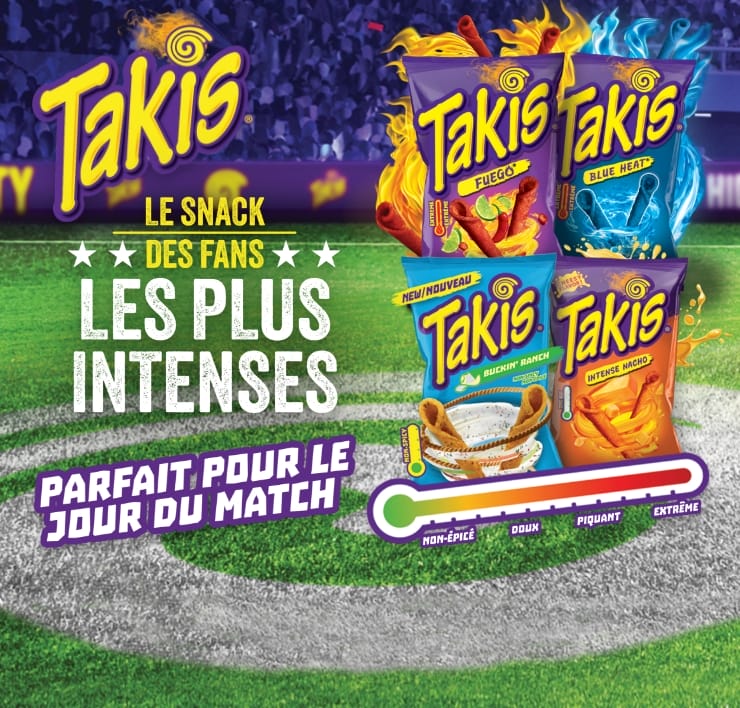 TAKIS Le snack des fans les plus intenses parfait pour le jour du match. Non épicé, doux, piquant, extrême.