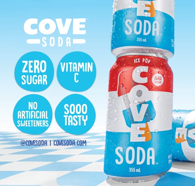 Cove Soda. Zero Sugar, Vitamin C, No Artificial Sweeteners, Sooo Tasty. @covesoda, covesoda.com