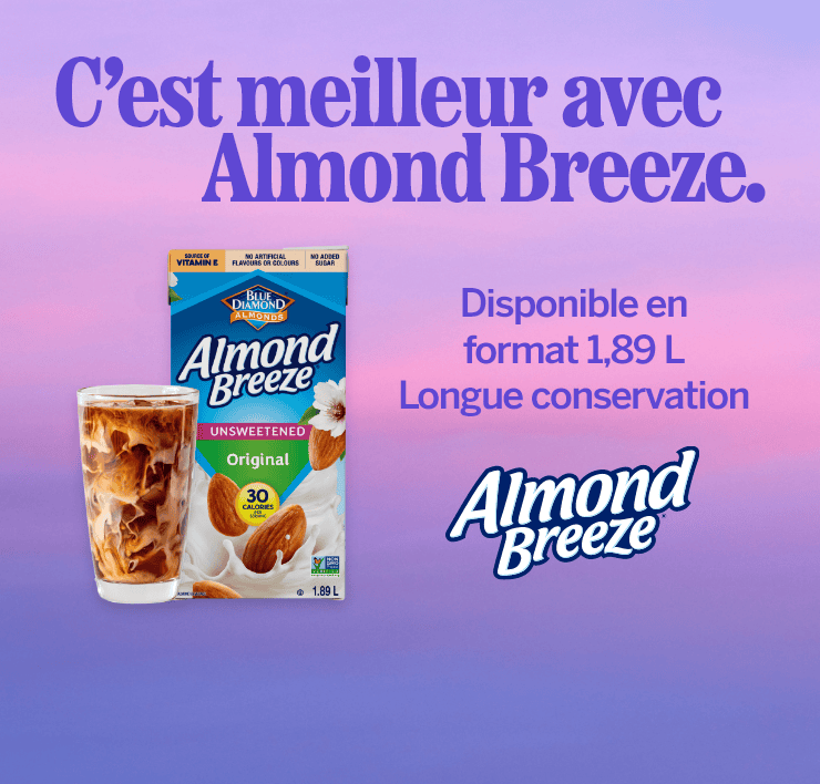 C’est meilleur avec Almond Breeze. Disponible en format 1,89 L. Longue conservation