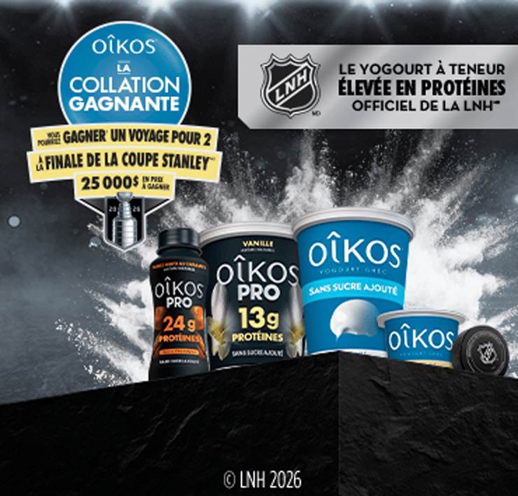 Oîkos, la collation gagnante - vous pourriez gagner un voyage pour 2 à la finale de la coupe Stanley 25 00 $ en prix à gagner - le yogourt à teneur élevée en protéines officiel de la LNH