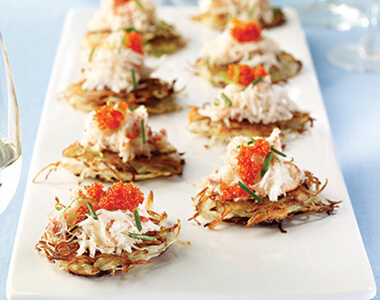 Smoked Salmon and Yukon Gold Potato Latkes with Swordfish Roe-Flavoured Crab Salad