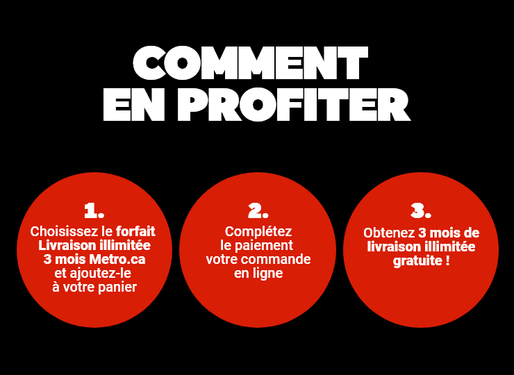 Comment en profiter - Choisissez le forfait Livraison illimitée 3 mois Metro.ca et ajoutez-le à votre panier - 2. Complétez le paiement de votre commande en ligne - 3. Obtenez 3 mois de livraison illimitée gratuite !