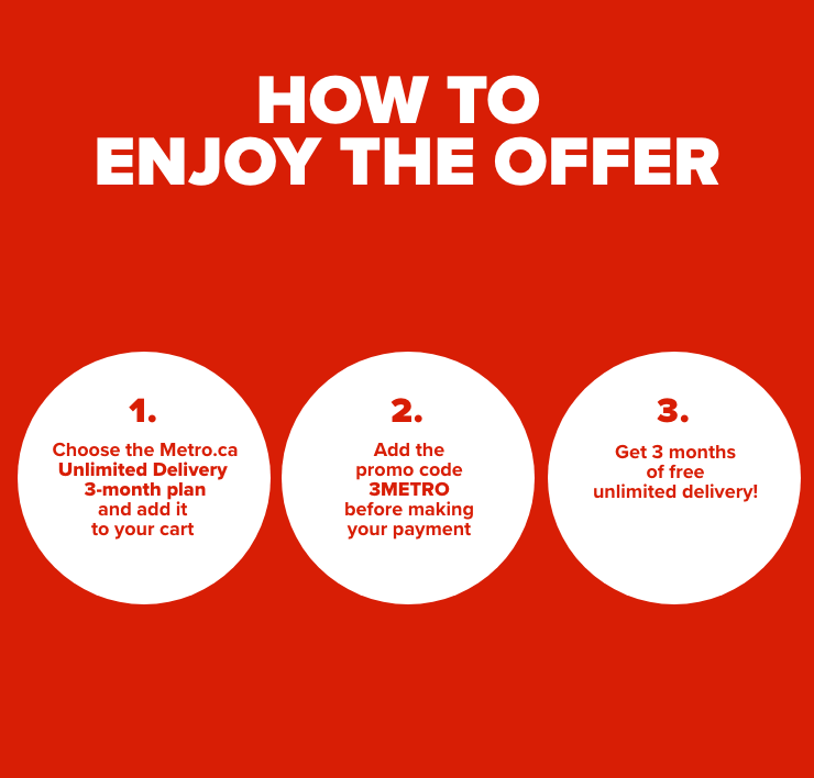 how to enjoy the offer 1- Choose the Metro.ca Unlimited Delivery 3-month plan and add it to your cart 2- add the promo code 3METRO before making your payment 3- Get 3 months of free unlimited delivery!