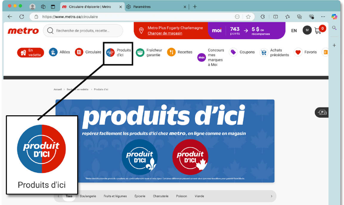 Capture d'écran du bouton Produit d'ici dans la barre de navigation du site metro.ca