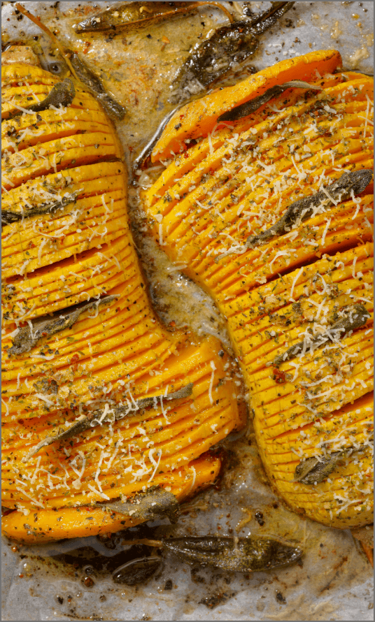 Hasselback squash with pistachios and sage