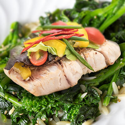 Pan-Fried Red Snapper with Rapini and Mikado Sauce