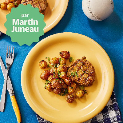 Baseball cut beef steaks marinated in mustard and honey, with roasted baby potatoes