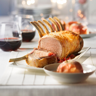 Rack of Pork with Cranberry-Ice-Cider Gravy and Baked Apples