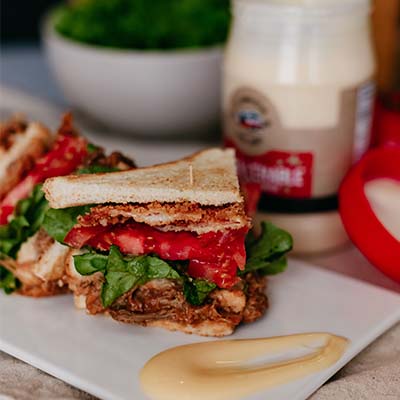 Pulled pork, fried bacon and maple mayo club sandwich