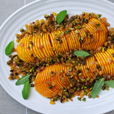 Hasselback squash with pistachios and sage