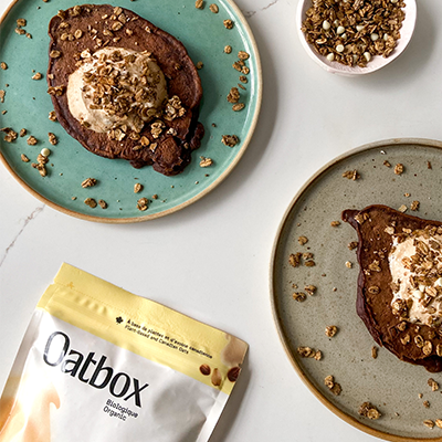 Chocolate Pancakes, Coffee Whipped Cream & Oatbox Granola