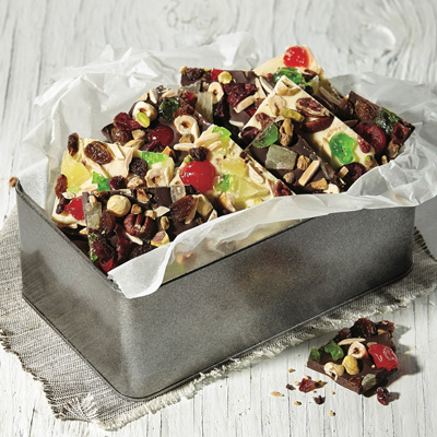 Chocolate bark with nuts and fruit