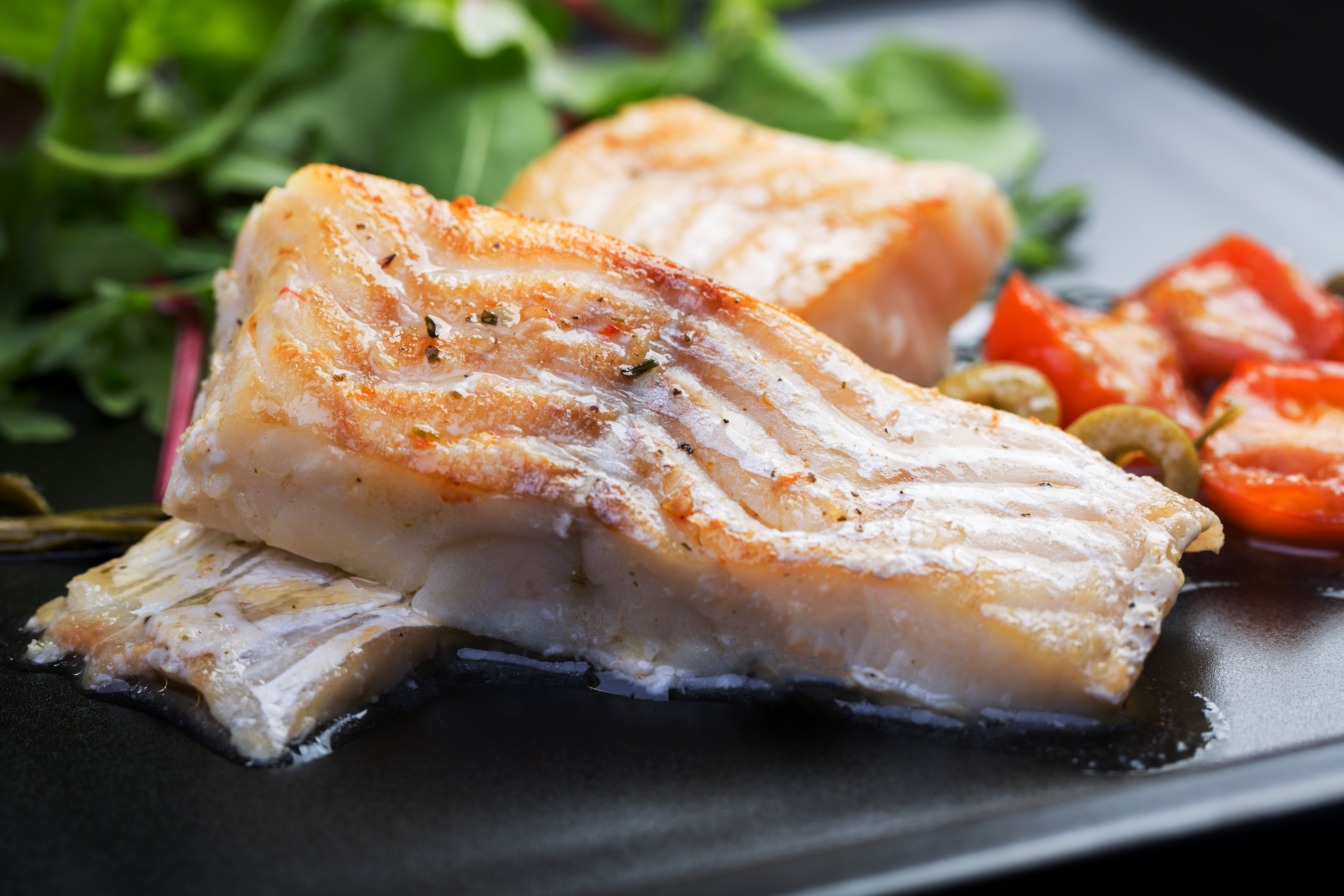 Walleye fillets on a bed of tomatoes and fennel