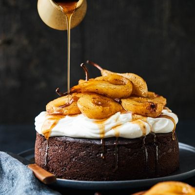 Chocolate spice cake with maple pears