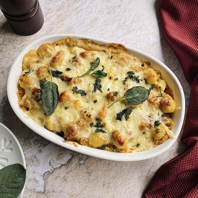 Sausage and Gnocchi Gratin with Creamy Squash Sauce and Fried Sage