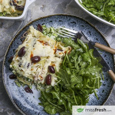 Broccoli and Ricotta Manicotti with Kalamata Olives and Mozzarella