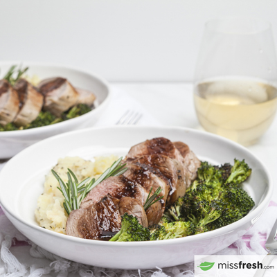 Pork Tenderloin Medallions with Maple-Balsamic Glaze Rosemary-Garlic Mashed Potatoes and Roasted Broccoli