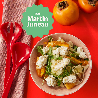 Crunchy fennel salad with persimmons, ricotta, olive oil and arugula