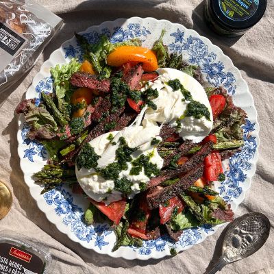 Steak Salad with Grilled Asparagus, Tomatoes, Herb-Infused Oil, and Burrata