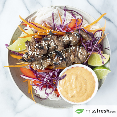 Thai Beef Satay with Rice Vermicelli, Veggies and Peanut Sauce