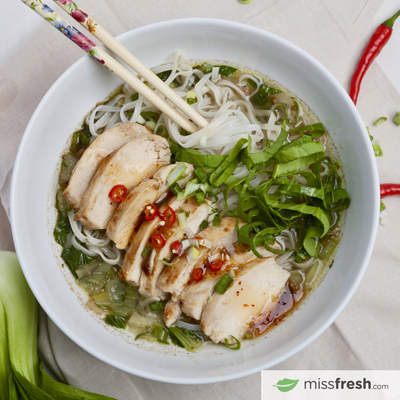 Hoisin-Glazed Chicken Soup with Five-Spice Broth and Sweet Chili Sauce