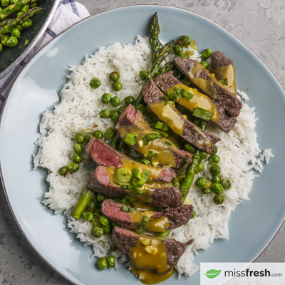 Steak with Green Veggies Mustard Sauce and Basmati Rice