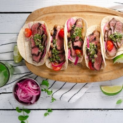 Picanha steak tacos with chimichurri