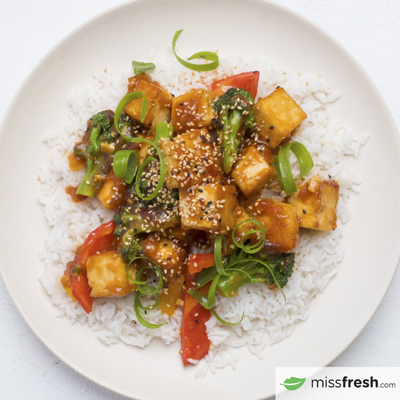 General Tao Tofu with Steamed Broccoli and White Rice